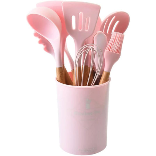 Set 12 Utensilios Cocina Silicona/Madera Premium Rosado