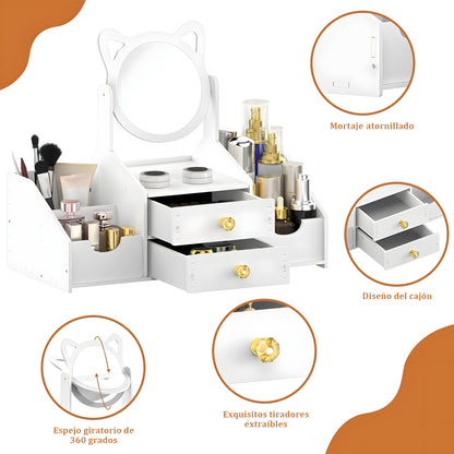 Organizador Maquillaje Multifuncional Espejo Cajón Gatito