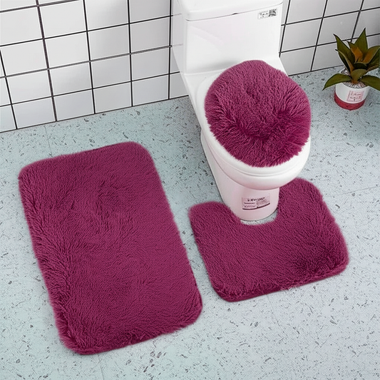 Set Baño Alfombra Peludito 3 Piezas Burdeo Netzo