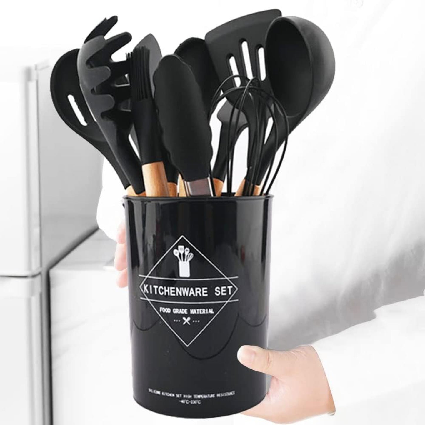 Set 12 Utensilios Cocina Silicona/Madera Premium Negro