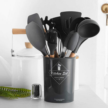 Set 12 Utensilios Cocina Silicona/Madera Premium Negro