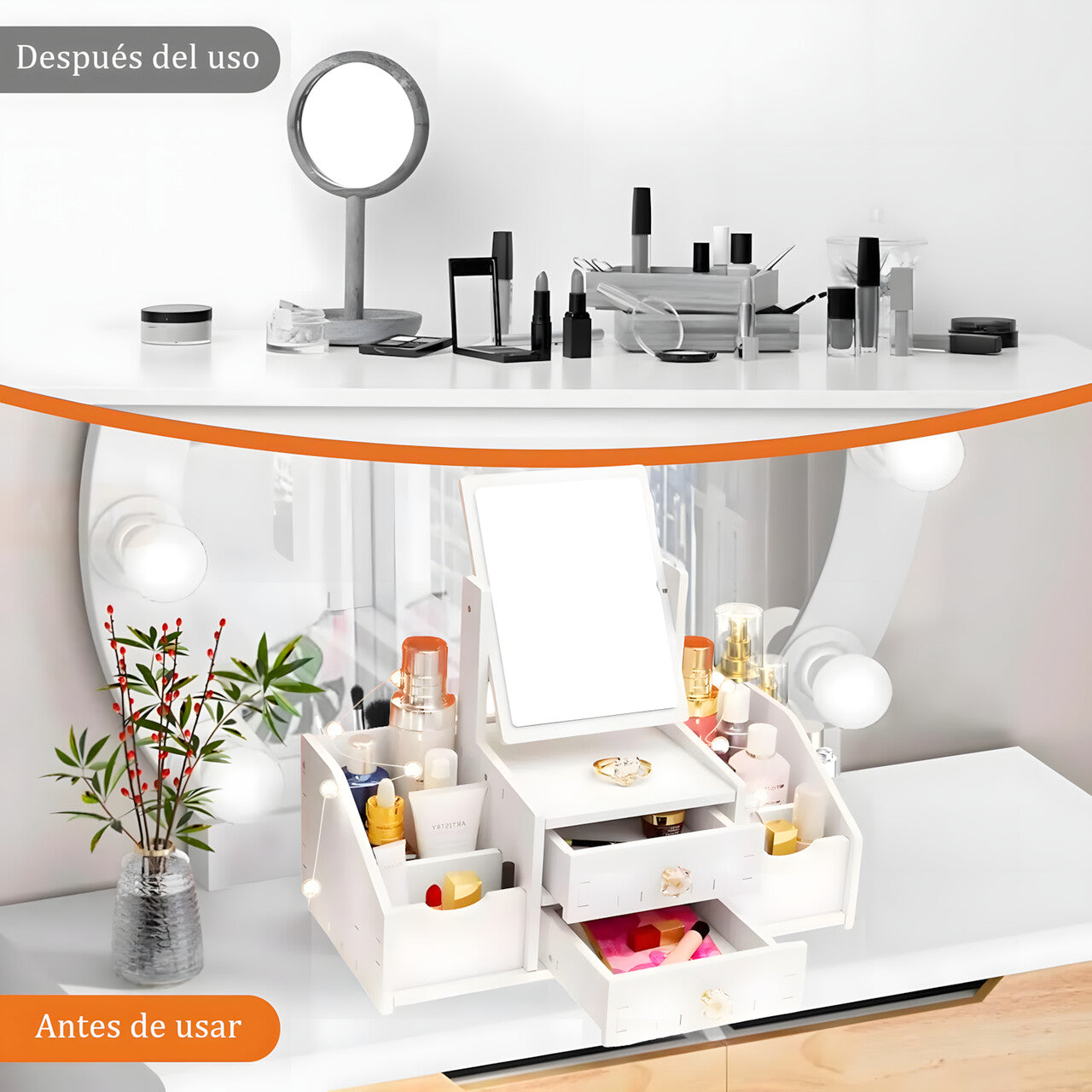 Organizador Maquillaje Multifuncional Espejo Cajón Cuadrado