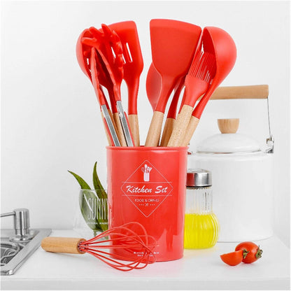 Set 12 Utensilios Cocina Silicona/Madera Premium Rojo