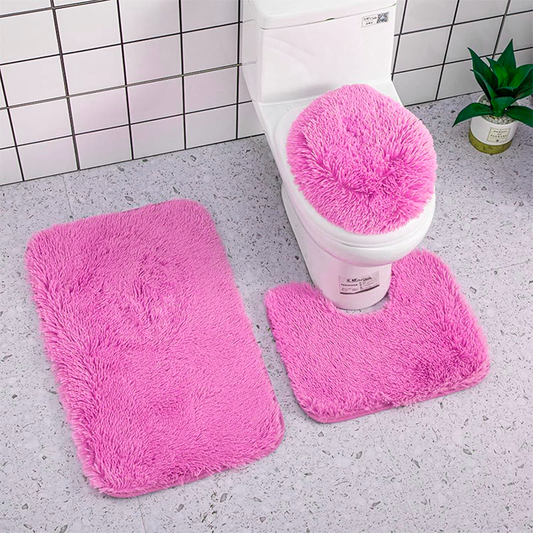 Set Baño Alfombra Peludito 3 Piezas Rosado Netzo