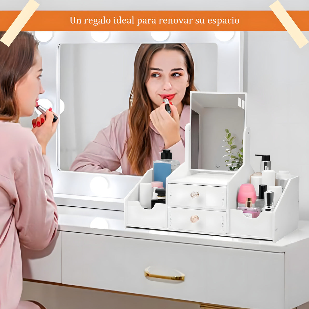 Organizador Maquillaje Multifuncional Espejo Cajón Cuadrado