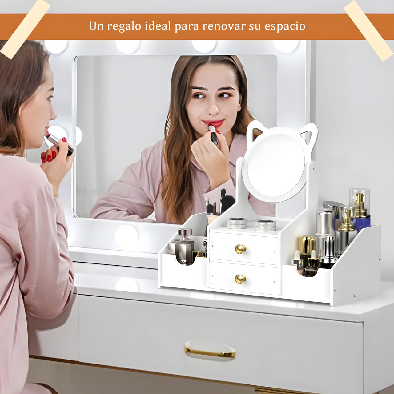 Organizador Maquillaje Multifuncional Espejo Cajón Gatito