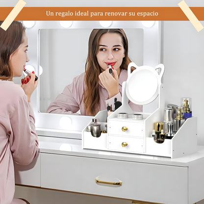 Organizador Maquillaje Multifuncional Espejo Cajón Gatito