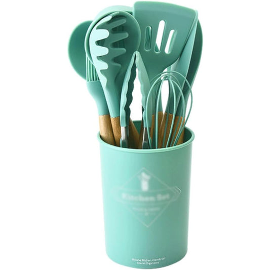 Set 12 Utensilios Cocina Silicona/Madera Premium Verde Claro
