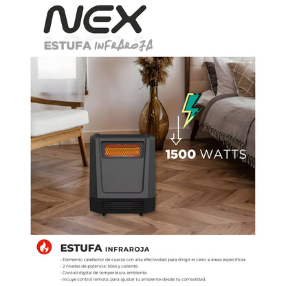 Estufa Calefactor Infrarroja NEX 1500W C/Control Remoto