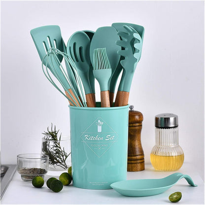 Set 12 Utensilios Cocina Silicona/Madera Premium Verde Claro