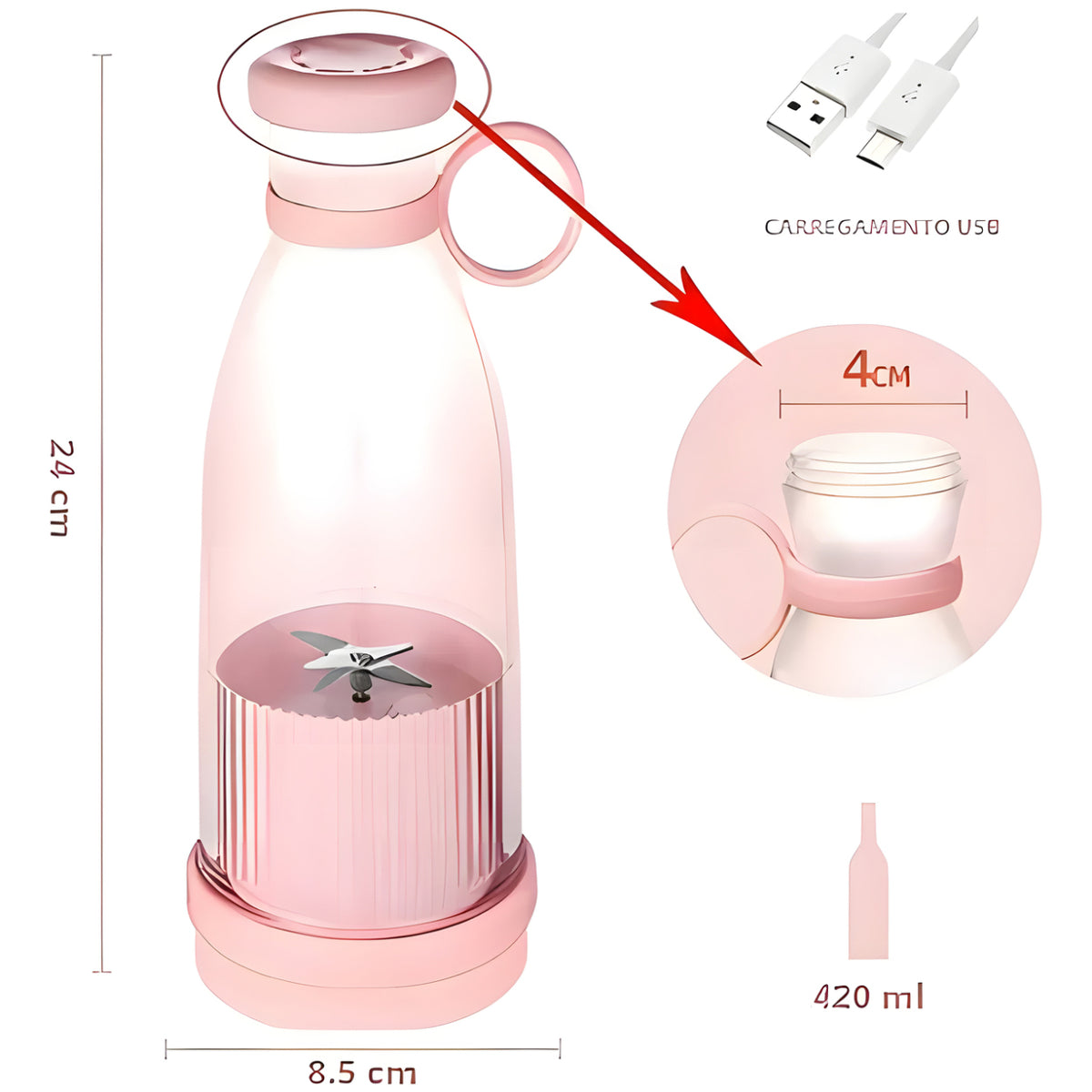 Licuadora Portátil USB Recargable 420ml Rosada - imagen 6 | Netzo.cl