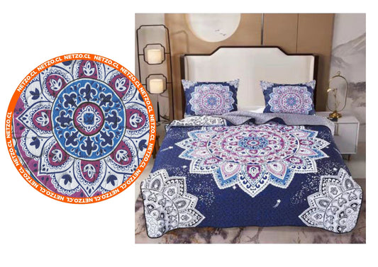 Cubrecama Cobertor Quilt 2 Plazas Mandala + 2 Fundas