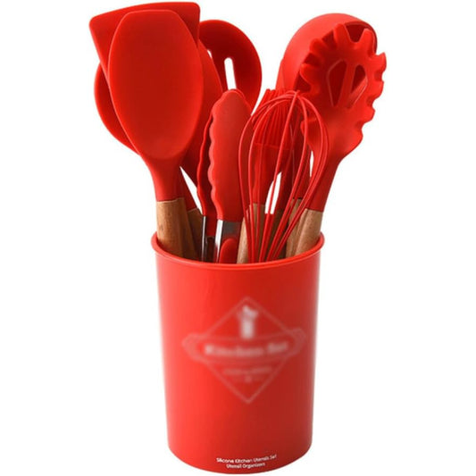 Set 12 Utensilios Cocina Silicona/Madera Premium Rojo