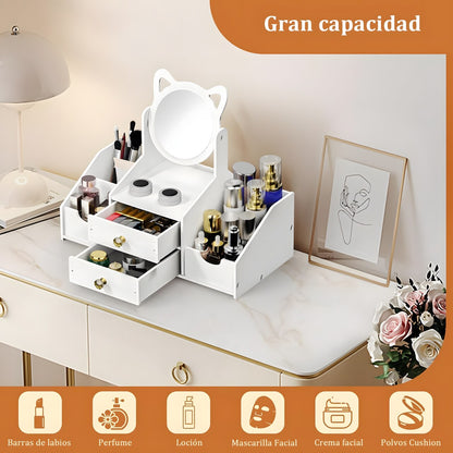 Organizador Maquillaje Multifuncional Espejo Cajón Gatito