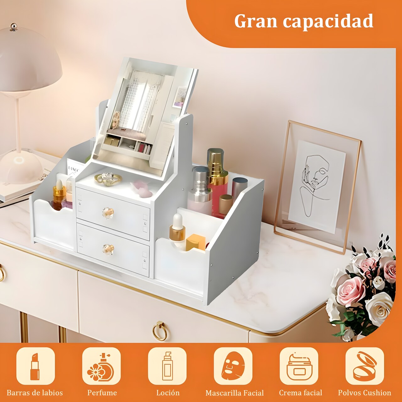Organizador Maquillaje Multifuncional Espejo Cajón Cuadrado
