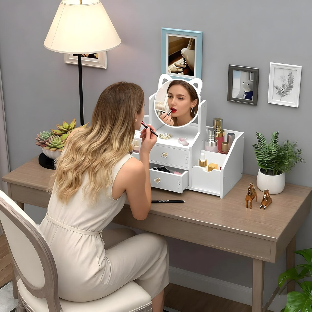 Organizador Maquillaje Multifuncional Espejo Cajón Gatito