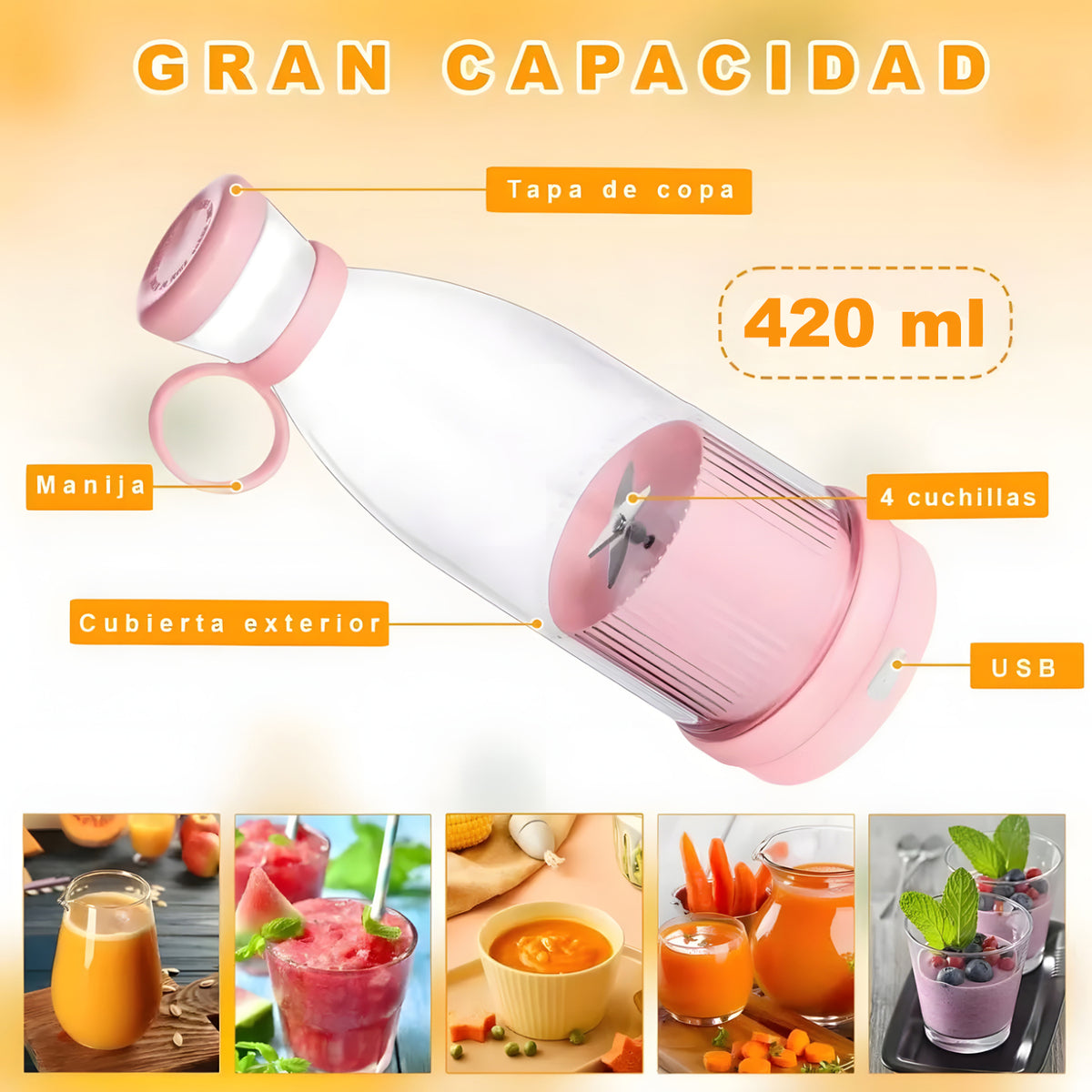 Licuadora Portátil USB Recargable 420ml Rosada - imagen 7 | Netzo.cl