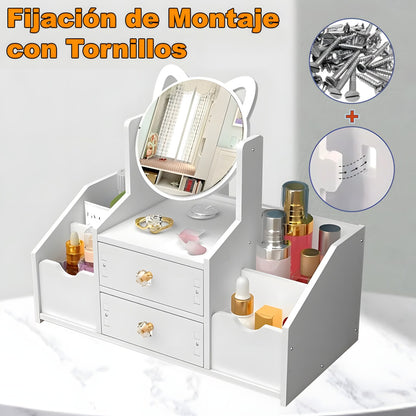 Organizador Maquillaje Multifuncional Espejo Cajón Gatito