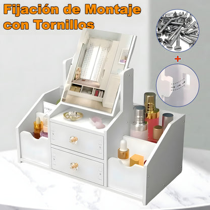 Organizador Maquillaje Multifuncional Espejo Cajón Cuadrado