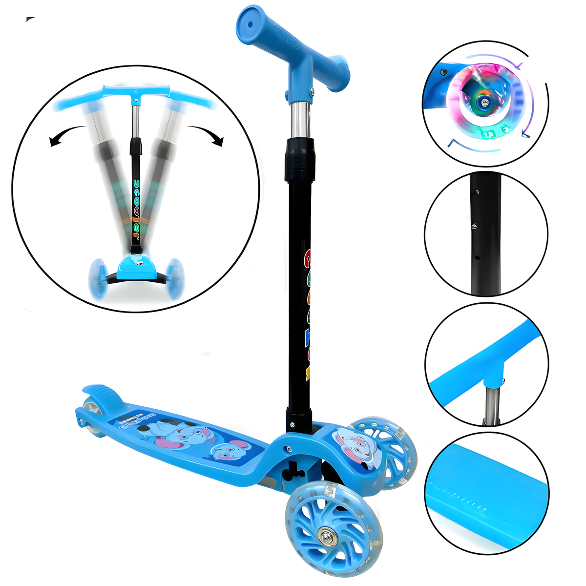 Scooter Monopatín Niños Regulable Luces LED Freno Celeste | Netzo Chile