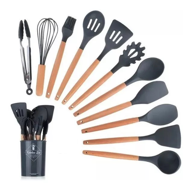 Set 12 Utensilios Cocina Mango Silicona Y Madera Repostería