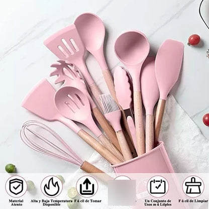 Set 12 Utensilios Cocina Mango Silicona Y Madera Repostería