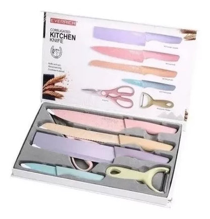 Set Juego De Cuchillos Anti Deslizantes 6 piezas Cocina pelador Colores