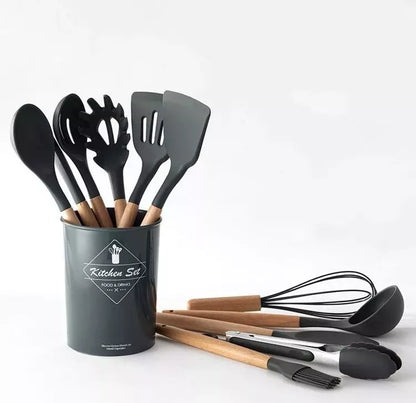 Set 12 Utensilios Cocina Mango Silicona Y Madera Repostería