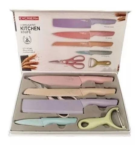 Set Juego De Cuchillos Anti Deslizantes 6 piezas Cocina pelador Colores