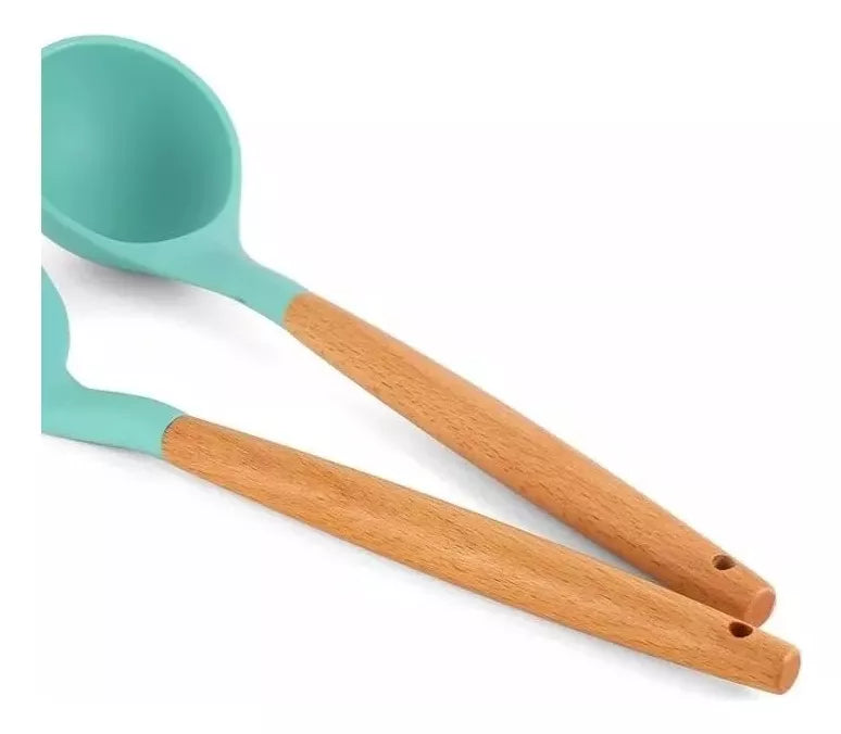 Set 12 Utensilios Cocina Mango Silicona Y Madera Repostería