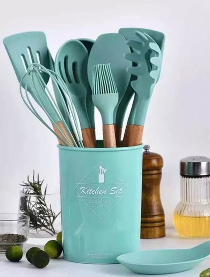 Set 12 Utensilios Cocina Mango Silicona Y Madera Repostería