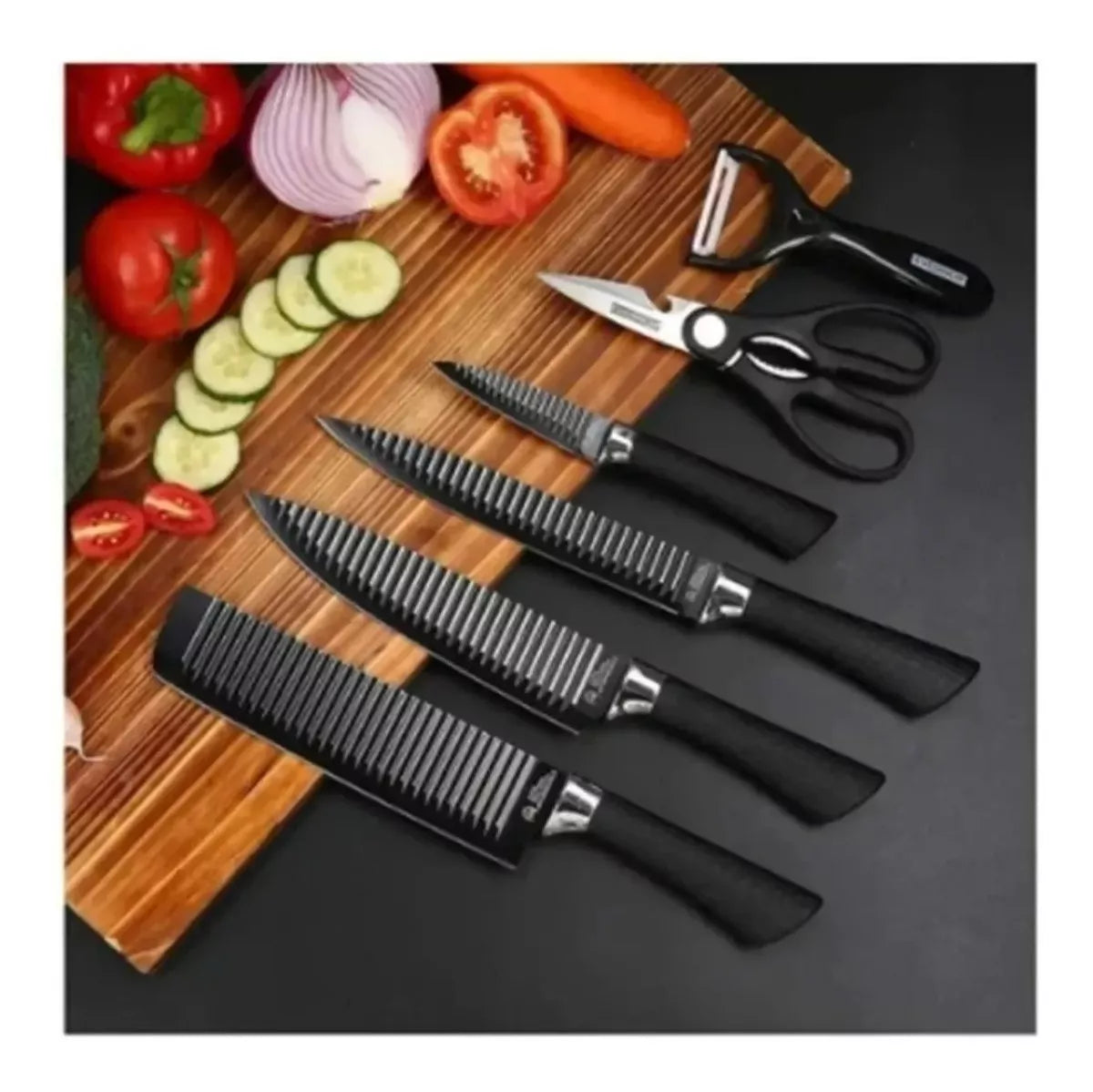 Set Juego De Cuchillos Anti Deslizantes 6 piezas Cocina pelador Negros