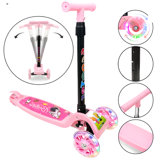 Scooter Monopatín Niños Regulable Luces LED Freno Rosado