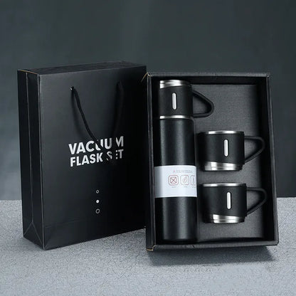 Set Termo Inox 500ml + 3 Tazas Portatil en Caja Negro