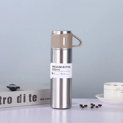 Set Termo Inox 500ml + 3 Tazas Portatil en Caja Plateado