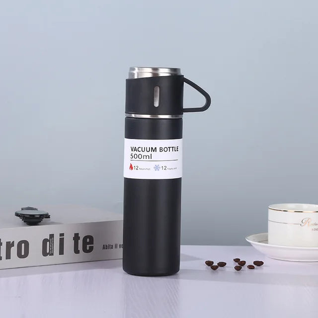 Set Termo Inox 500ml + 3 Tazas Portatil en Caja Negro