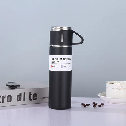 Set Termo Inox 500ml + 3 Tazas Portatil en Caja Negro