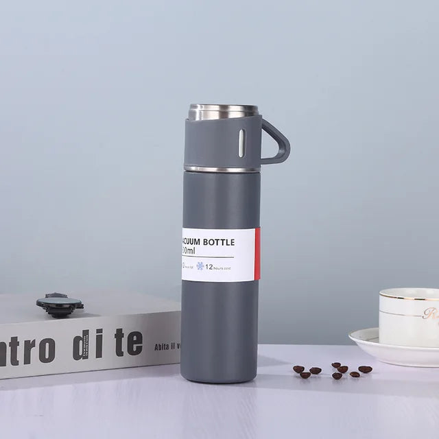 Set Termo Inox 500ml + 3 Tazas Portatil en Caja Gris