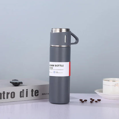 Set Termo Inox 500ml + 3 Tazas Portatil en Caja Gris