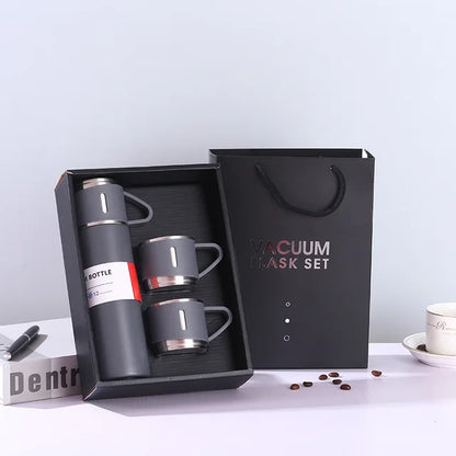 Set Termo Inox 500ml + 3 Tazas Portatil en Caja Gris