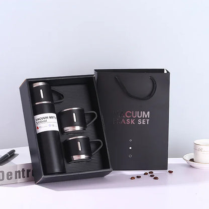 Set Termo Inox 500ml + 3 Tazas Portatil en Caja Negro