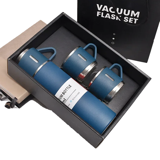 Set Termo Inox 500ml + 3 Tazas Portatil en Caja Azul