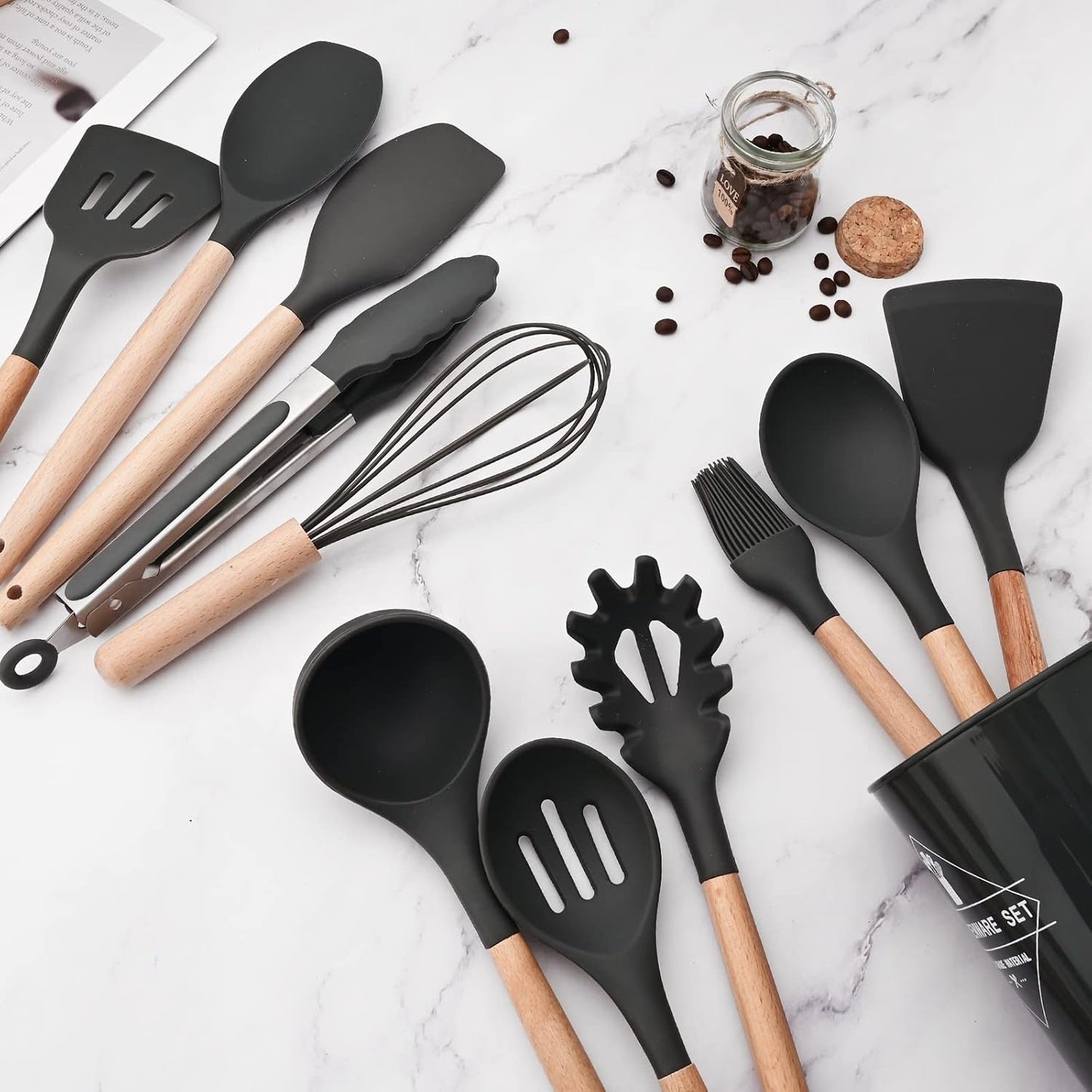 Set 12 Utensilios Cocina Silicona/Madera Premium Negro