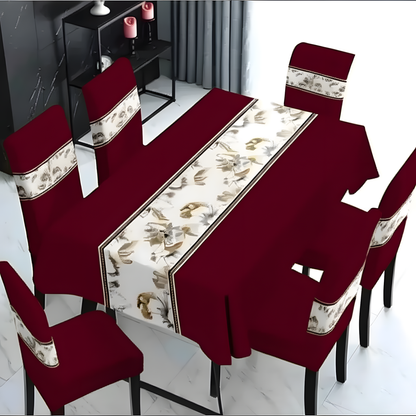 Set Mantel y 6 Fundas Sillas Pack 7 Pzas Elegante Burdeo