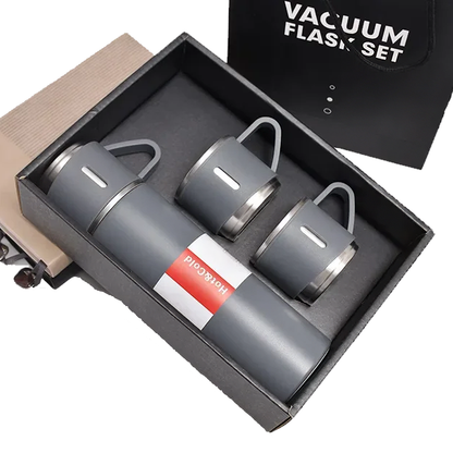 Set Termo Inox 500ml + 3 Tazas Portatil en Caja Gris