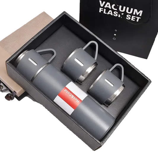 Set Termo Inox 500ml + 3 Tazas Portatil en Caja Gris