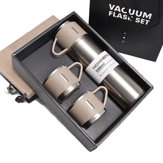 Set Termo Inox 500ml + 3 Tazas Portatil en Caja Plateado