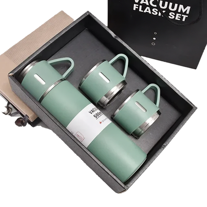 Set Termo Inox 500ml + 3 Tazas Portatil en Caja Verde