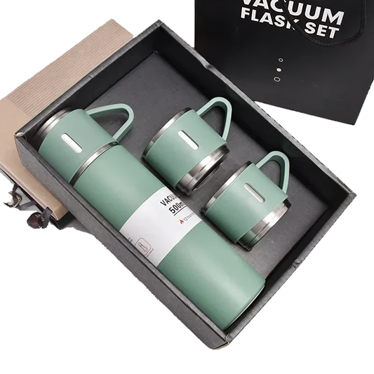 Set Termo Inox 500ml + 3 Tazas Portatil en Caja Verde