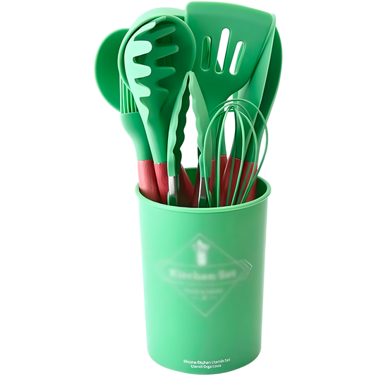 Set 12 Utensilios Cocina Silicona/Madera Premium Verde